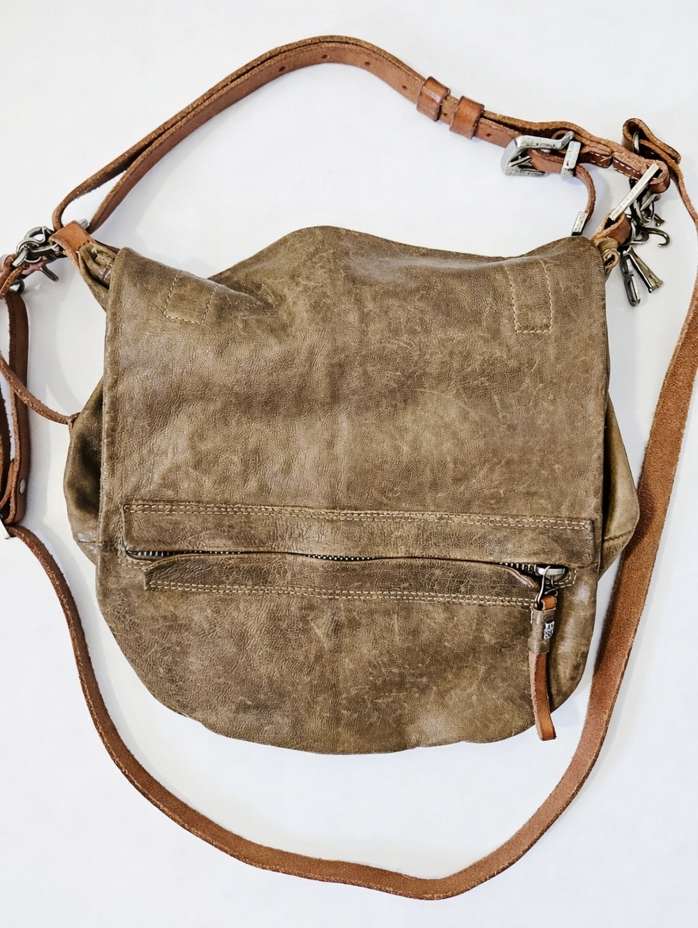 A.S.98 Distressed Taupe Leather Crossbody Bag with Tan Strap